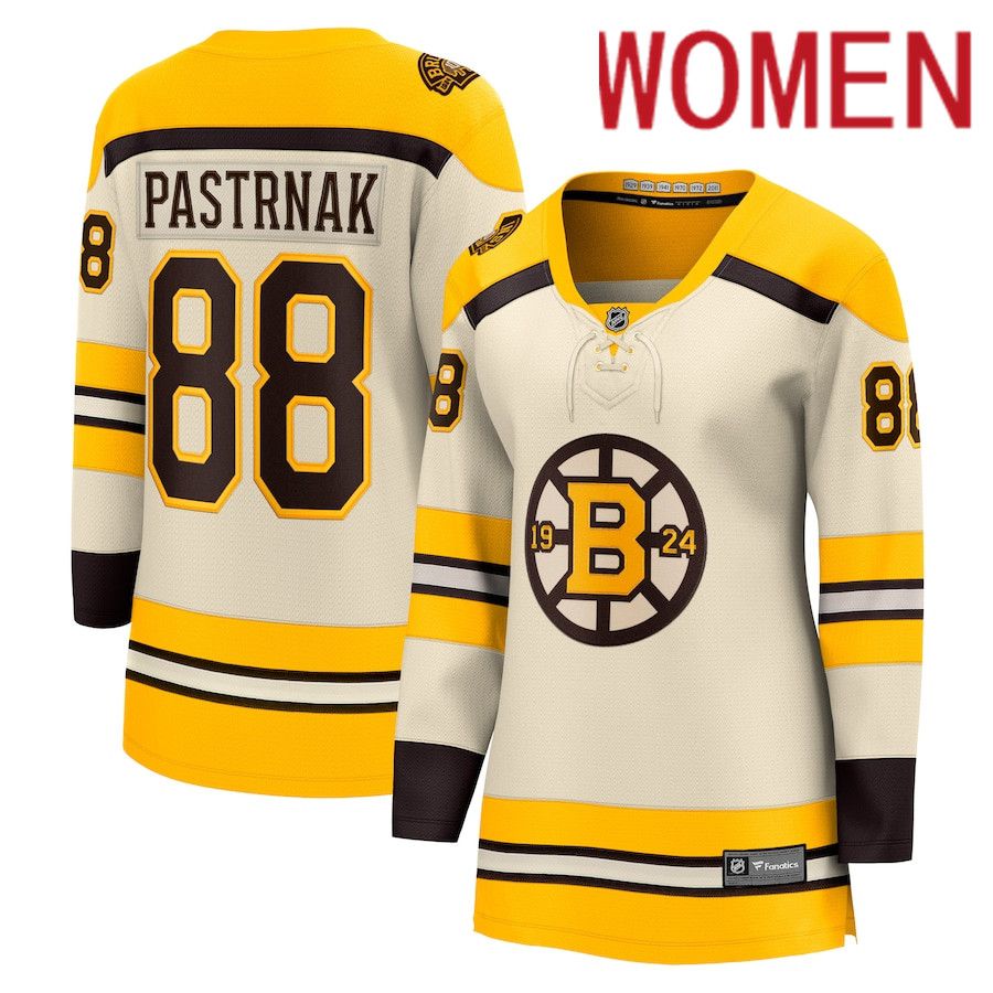 Women Boston Bruins #88 David Pastrnak Fanatics Branded Cream 100th Anniversary Premier Breakaway Player NHL Jersey-0